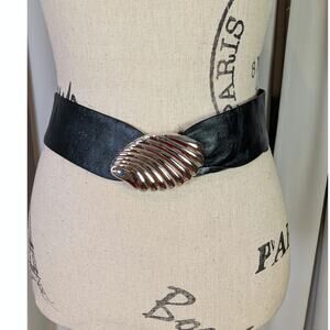 Vintage 80s Black Leather Belt Silver Shell Buckle Wide Waist Belt